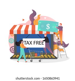 Huge laptop computer internet store and male and female characters doing tax free shopping online, vector illustration. VAT refund concept for web banner, website page etc.