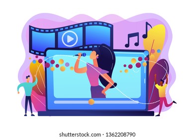 Huge laptop with famous singer performing on screen and tiny people dancing. Music video, official music video, video clip production concept. Bright vibrant violet vector isolated illustration