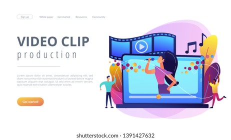 Huge laptop with famous singer performing on screen and tiny people dancing. Music video, official music video, video clip production concept. Website homepage landing web page template.