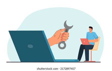 Huge laptop and happy man ordering service of technician. Hand coming out of computer and holding wrench flat vector illustration. Maintenance, repair service concept for banner or landing web page