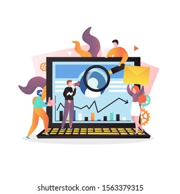 Huge laptop, micro business people with envelope, magnifier, thumbs up like symbol, megaphone, vector illustration. Advertising, digital marketing business strategy, email and social media marketing.