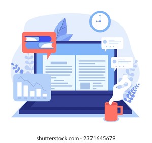 Huge laptop with online document on screen vector illustration. Infographics, e-books, online courses. E-learning ecosystem, distance online education concept