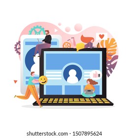 Huge laptop and tablet, tiny characters using social networking sites, vector illustration. Social media communication technology concept for web banner, website page etc.