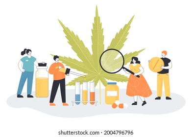 Una enorme hoja de cáñamo y pequeños químicos. Ilustración vectorial plana. Extracción de sustancias, fabricación de medicamentos, ropa ecológica, cosméticos, alimentos, producción de petróleo. Planta de drogas naturales, salud, concepto de drogas