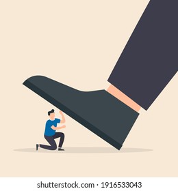 Huge Leg Of A Man Steps On A Small Frightened Weak Businessman. Angry Arrogant Boss. Big Foot Is Treading On Man Walk On The Heads Concept. Vector Illustration