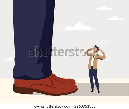Huge legs with small businessman standing in front. Tiny businessman looking forward on huge legs of another businessman. Business competitors concept.