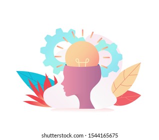 Huge light bulb glows of a large head. Metaphor of the search for ideas. Concept leader, boss, CEO makes the right decision, finds an idea. Vector flat illustration.