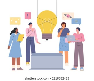 A huge light bulb is installed on the pedestal. People are thinking of various ideas around them. flat vector illustration.