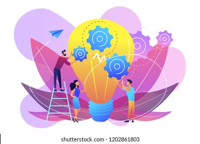 Huge lightbulb and business team holding gears. Teamwork and collaboration, goal achievement, colleagues and workforce concept on white background. Bright vibrant violet vector isolated illustration