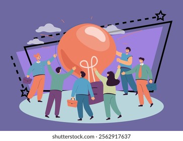 Huge lightbulb and business team vector illustration. Group of business people meeting in office , working on innovations and strategy. Creative idea, new project, startup concept for banners