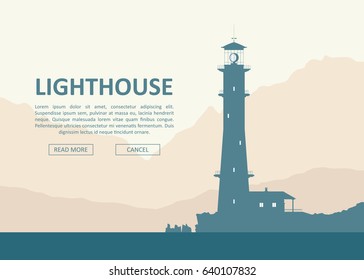 Huge lighthouse at seashore over mountain range. Vector landscape illustration.