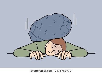 Huge load of stone lies on man back, putting pressure on tired clerk in need of help. Guy suffers from overload due to overwork and strict deadlines imposed by customer who wants to make more profit