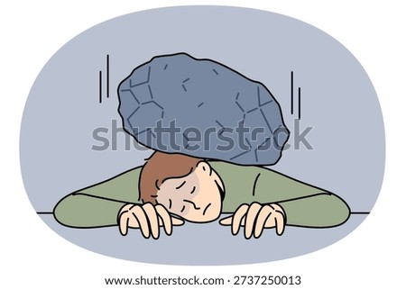 Huge load of stone lies on man back, putting pressure on tired clerk in need of help. Guy suffers from overload due to overwork and strict deadlines imposed by customer who wants to make more profit