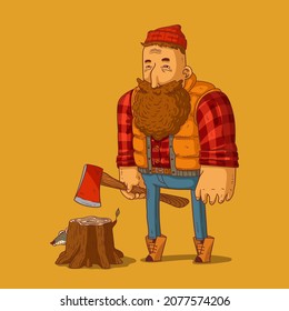 Huge logger with an axe in his hand and forest animal hiding behind the stump. Sketch drawn vector illustration of bearded woodcutter with massive arms wearing a plaid shirt, vest, jeans and knit cap