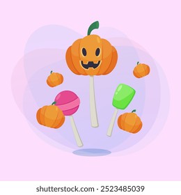 Huge lollipop in shape of pumpkin on abstract background. Halloween banner design. Celebration, holiday, party, treat concept. Vector illustration for invitation or poster