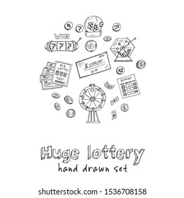 Huge lottery icon set Hand drawn vector illustration isolated on white background.