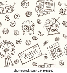 Huge lottery seamless pattern Hand drawn vector illustration isolated on white background.
