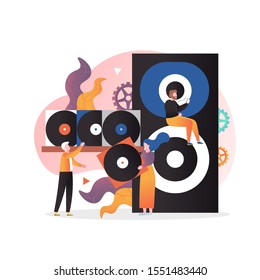 Huge loudspeaker, old vinyl LP records and micro characters listening to music, choosing vinyl plates, vector illustration. Vintage music concept for web banner website page etc.