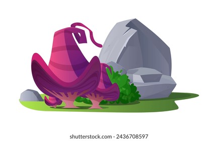 Huge magic mushrooms growing near stones flat style, vector illustration isolated on white background. Decorative design element for online games, fantasy world, interface