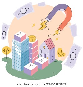 Huge magnet attracts money, bills flying around skyscraper. Income from sale or rental of real estate, capital investment. Start earn money. Financial success, profit, investment in immovables