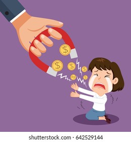 Huge magnet with a little bit of money from woman, vector illustration cartoon