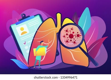 Huge magnifier showing cancer in the lungs and doctor with document folder. Lung cancer, trachea and bronchus concept on ultraviolet background. Bright vibrant violet vector isolated illustration