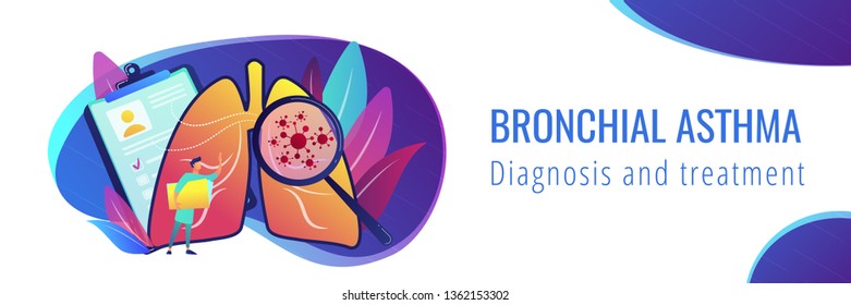 Huge magnifier showing cancer in the lungs and doctor with document folder. Lung cancer, trachea and bronchus concept on white background. Header or footer banner template with copy space.
