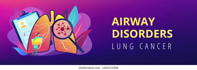 Huge magnifier showing cancer in the lungs and doctor with document folder. Lung cancer, trachea and bronchus concept on white background. Header or footer banner template with copy space.