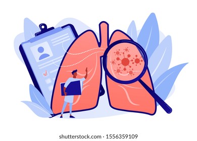 Huge magnifier showing cancer in the lungs and doctor with document folder. Lung cancer, trachea and bronchus concept on white background. Pinkish coral bluevector vector isolated illustration