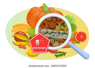 Huge magnifying glass showing fruit and vegetables treated with pesticides vector illustration. Chemical formulas, pesticide sign. Health effects of using pesticides and chemicals concept