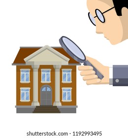 A huge man with glasses and a large magnifying glass looks at the Bank building. Audit and verification of financial condition. Business work and supervision of commercial activities.
