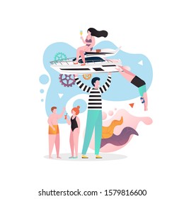 Huge man holding luxury yacht with woman sitting on it and drinking champagne, vector illustration. Summertime vacation, boat trip concept for web banner, website page etc.