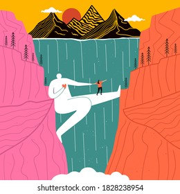 Huge Man Who Acts As Bridge For Girl Across Canyon With Waterfall. Mountains And Sun In Background. Concept Design Of Support, Love, Friendship, Psychological Help, Overcoming Fears. Romantic Print