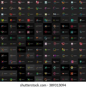 Huge mega collection of abstract logos. Linear logotypes made of overlapping multicolored segments of lines. Universal business icons, symbols for branding design