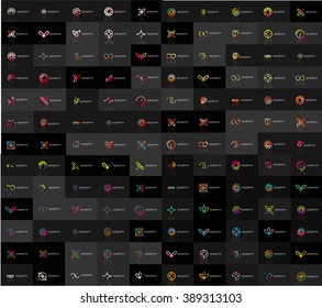 Huge mega collection of abstract logos. Linear logotypes made of overlapping multicolored segments of lines. Universal business icons, symbols for branding design