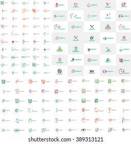 Enorme mega colección de logos abstractos. Lotipos lineales hechos de segmentos multicolores de líneas superpuestos. Iconos comerciales universales, símbolos para el diseño de marca