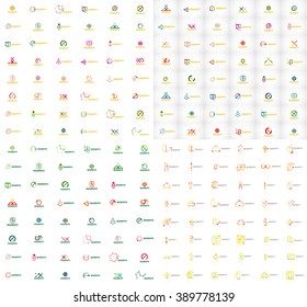 Huge mega collection of abstract logos. Linear logotypes made of overlapping multicolored segments of lines. Universal business icons, symbols for branding design