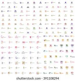 Huge mega collection of abstract logos. Linear logotypes made of overlapping multicolored segments of lines. Universal business icons, symbols for branding design