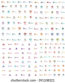 Huge mega collection of abstract logos. Linear logotypes made of overlapping multicolored segments of lines. Universal business icons, symbols for branding design