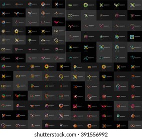 Enorme mega colección de logos abstractos. Lotipos lineales hechos de segmentos multicolores de líneas superpuestos. Iconos comerciales universales, símbolos para el diseño de marca