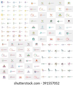 Enorme mega colección de logos abstractos. Lotipos lineales hechos de segmentos multicolores de líneas superpuestos. Iconos comerciales universales, símbolos para el diseño de marca