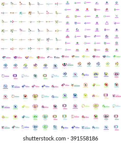 Huge mega collection of abstract logos. Linear logotypes made of overlapping multicolored segments of lines. Universal business icons, symbols for branding design