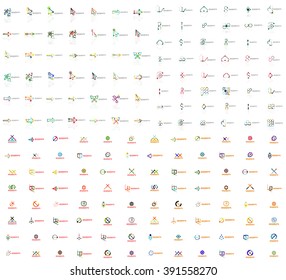 Enorme mega colección de logos abstractos. Lotipos lineales hechos de segmentos multicolores de líneas superpuestos. Iconos comerciales universales, símbolos para el diseño de marca
