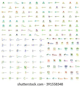 Huge mega collection of abstract logos. Linear logotypes made of overlapping multicolored segments of lines. Universal business icons, symbols for branding design