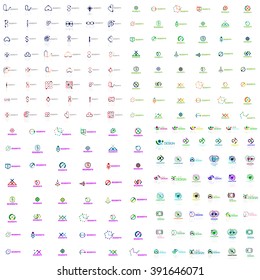 Huge mega collection of abstract logos. Linear logotypes made of overlapping multicolored segments of lines. Universal business icons, symbols for branding design