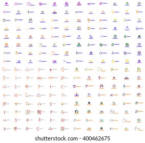 Enorme mega colección de logos abstractos. Lotipos lineales hechos de segmentos multicolores de líneas superpuestos. Iconos comerciales universales, símbolos para el diseño de marca