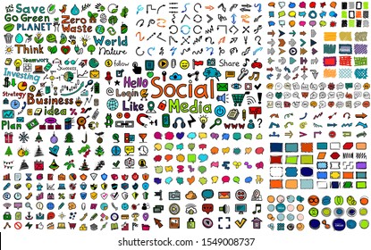 Enorme mega colección de íconos de doodle dibujados a mano en color - social, empresarial, web e internet, botones, marcos, naturaleza y ecología, burbujas de voz, flechas y muchos otros elementos de diseño. Compartimiento de garabatos.