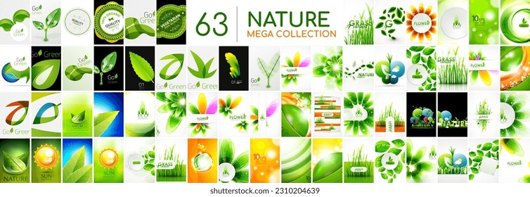 Huge mega collection of nature green concepts - leaves, plants, trees and other. Abstract nature eco element set for eco friendly designs, environmental backgrounds