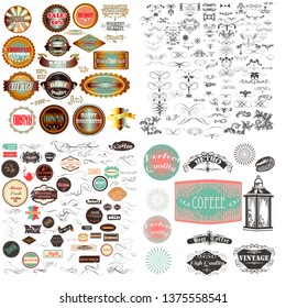 Huge mega vector collection or set of vintage flourishes, calligraphic elements and labes with badges for design