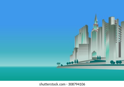 Huge megalopolis. Illustration of a modern mega city on the shore of a sea, ocean with modern skyscrapers and a beautiful sea-front. Empty space leaves room for design elements, sings or text. Poster.